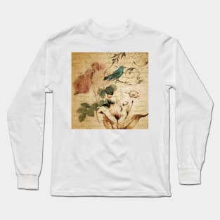 modern vintage rose bird paris french botanical floral art Long Sleeve T-Shirt